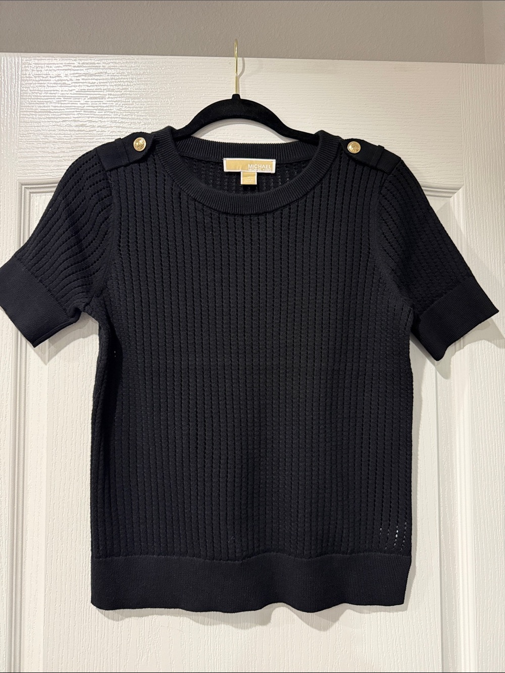 Michael Kors Black Short Sleeve Knit Top with Gold Button Detail
